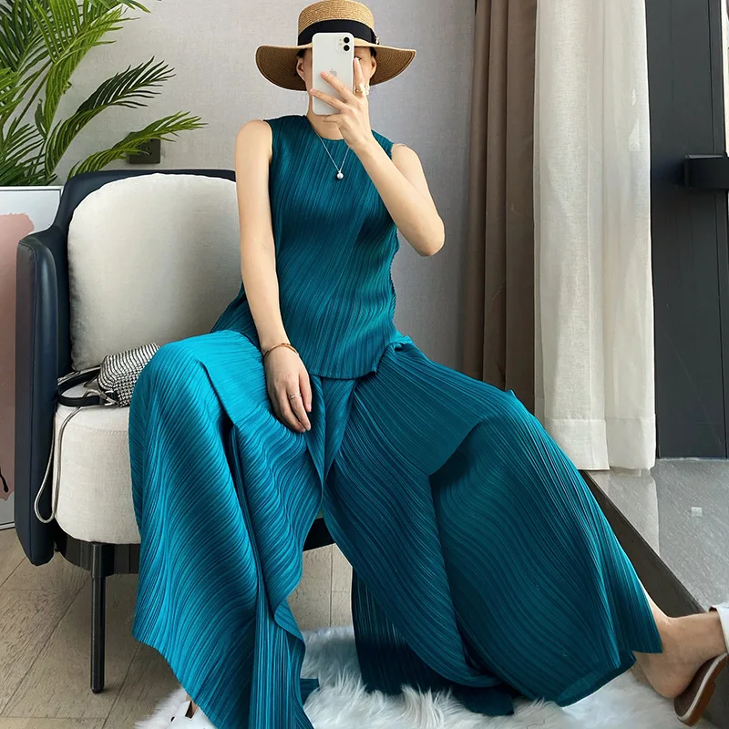 YZZ Elegant Solid Pleated Pants Set Summer Women's Two Piece Sets Casual Irregular Tank Top Straight Leg Pants Female Outfit