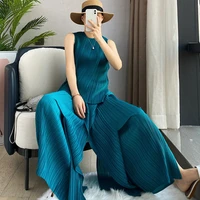 yzz elegant solid pleated pants set summer womens two piece sets casual irregular tank top straight leg pants female outfit