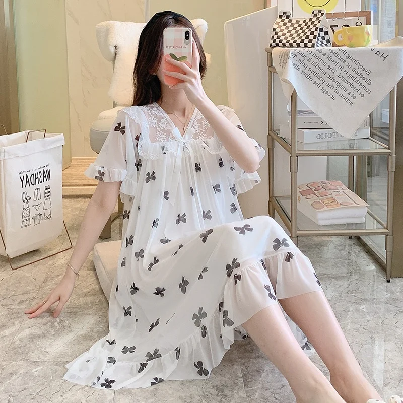 

Women Lace Silk Satin Night Dress Nighties V-neck Nightgown Big Size Sleepwear Nightgown Summer Nightwear Sleepshirts Women