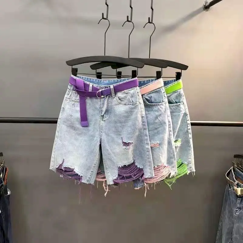 Шорты джинсовые женские контрастных цветов, модные прямые джинсовые штаны с необработанным краем, трендовые брюки из денима, лето 2023 Шорты джинсовые женские контрастных цветов, модные прямые джинсовые штаны с необработанным краем, трендовые брюки из денима, лето 2023