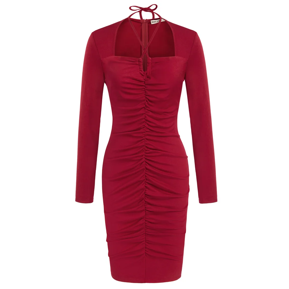 

GK Dress Women Spring 2022 Ruched Mini Dress Casual Long Sleeve Halterneck Hips-Wrapped Dress Evening Dresses Women Clothing