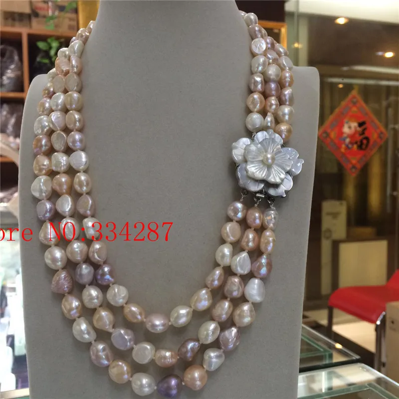 

fashion big 3row 9-10mm baroque white pink purple freshwater pearl necklace