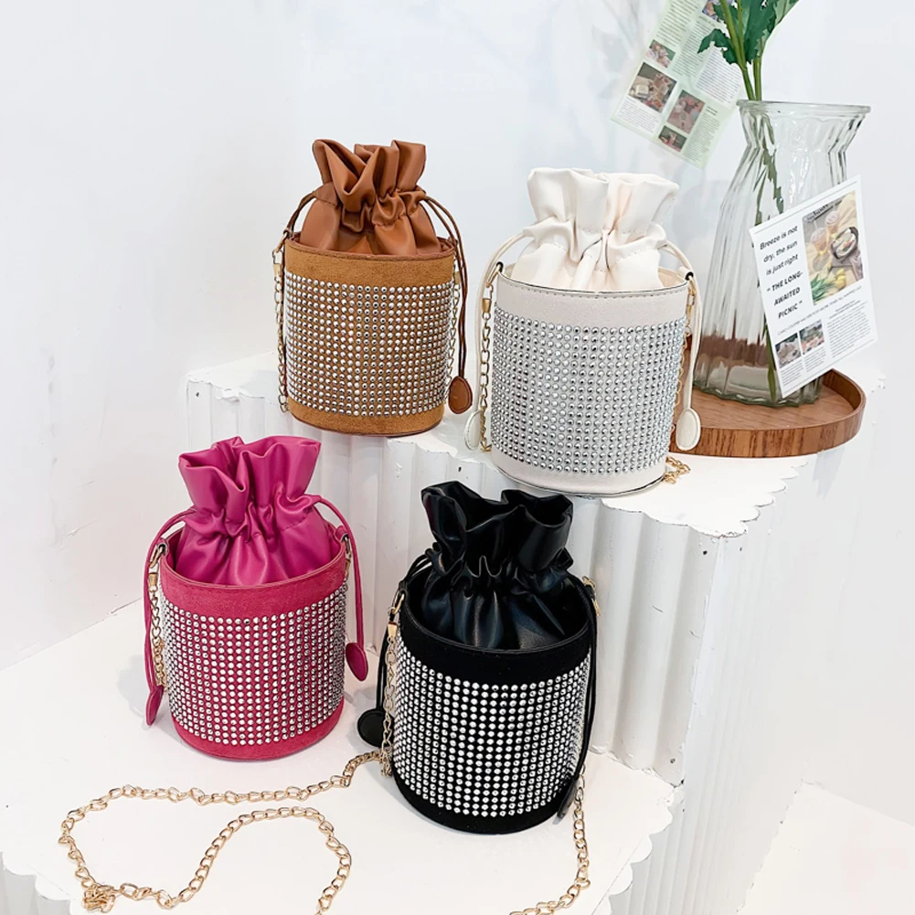 

Fashion Diamond Rhinestone Shoulder Bags Cylinder Bucket PU Leather Shoulder Bag Small Handbag for Traveling
