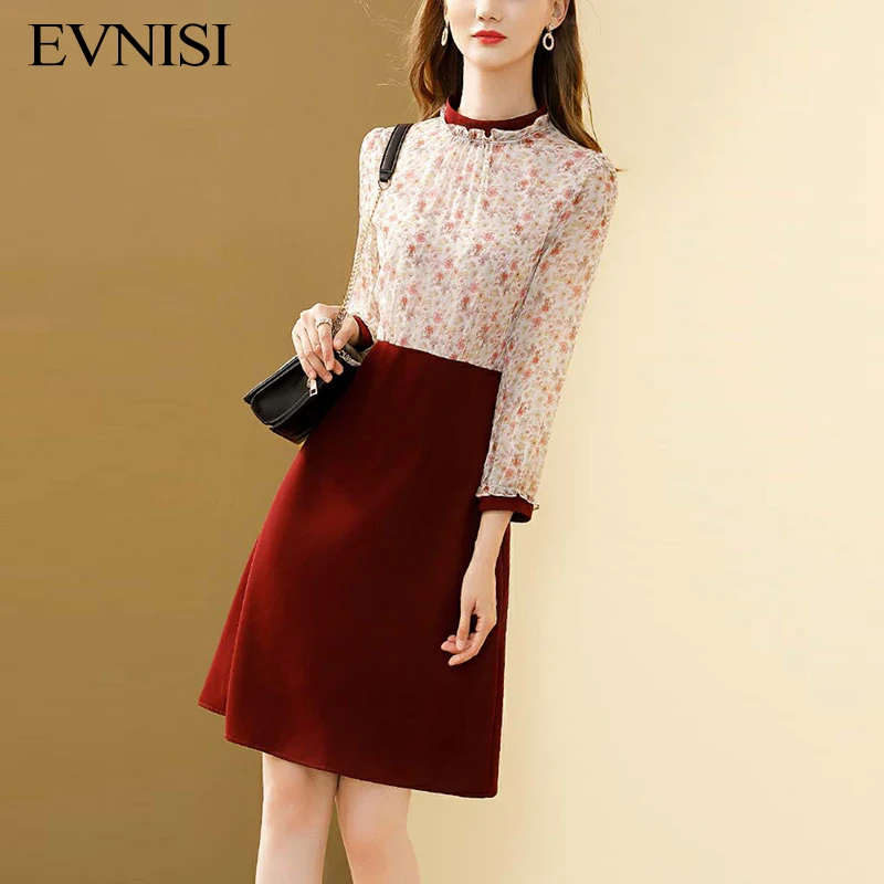 

Красное шифоновое платье EVNISI с имитацией двух частей с цветочным принтом для женщин, Осенние облегающие платья-трапеции, элегантные платья ...