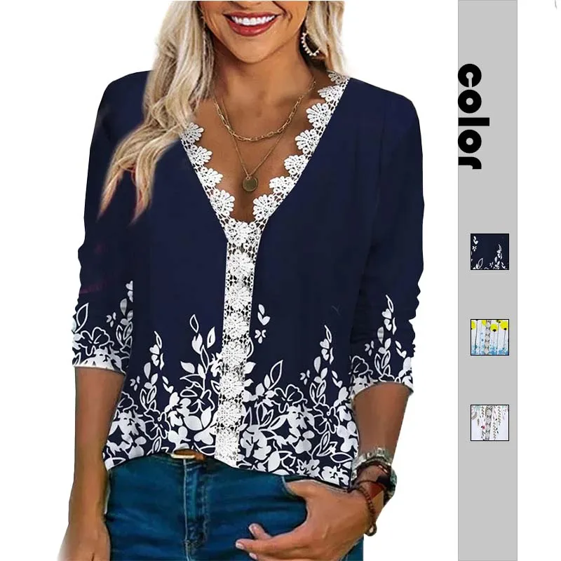 

Новинка Осень 2022 Женская свободная и удобная повседневная кружевная женская футболка с V-образным вырезом и принтом в европейском и америка...