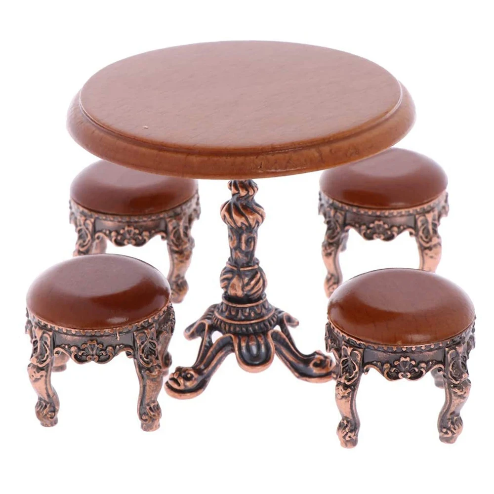 

5 PCS 1:12 Dollhouse Dining Table Chair Set Dolls Miniature Wooden Round Table Stool Mini Kitchen Furniture Table Chairs