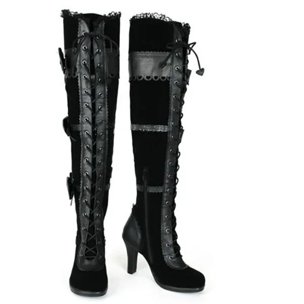 

Black blue suede pointed toe front cross strap women's over the knee boots bow women's over the knee lolita fashion boots