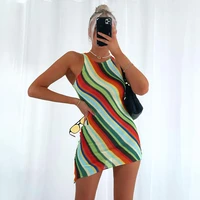 2021 new sexy dress club fashion slim sleeveless round neck striped striped dress women 2021 halter tight knit retro dress party
