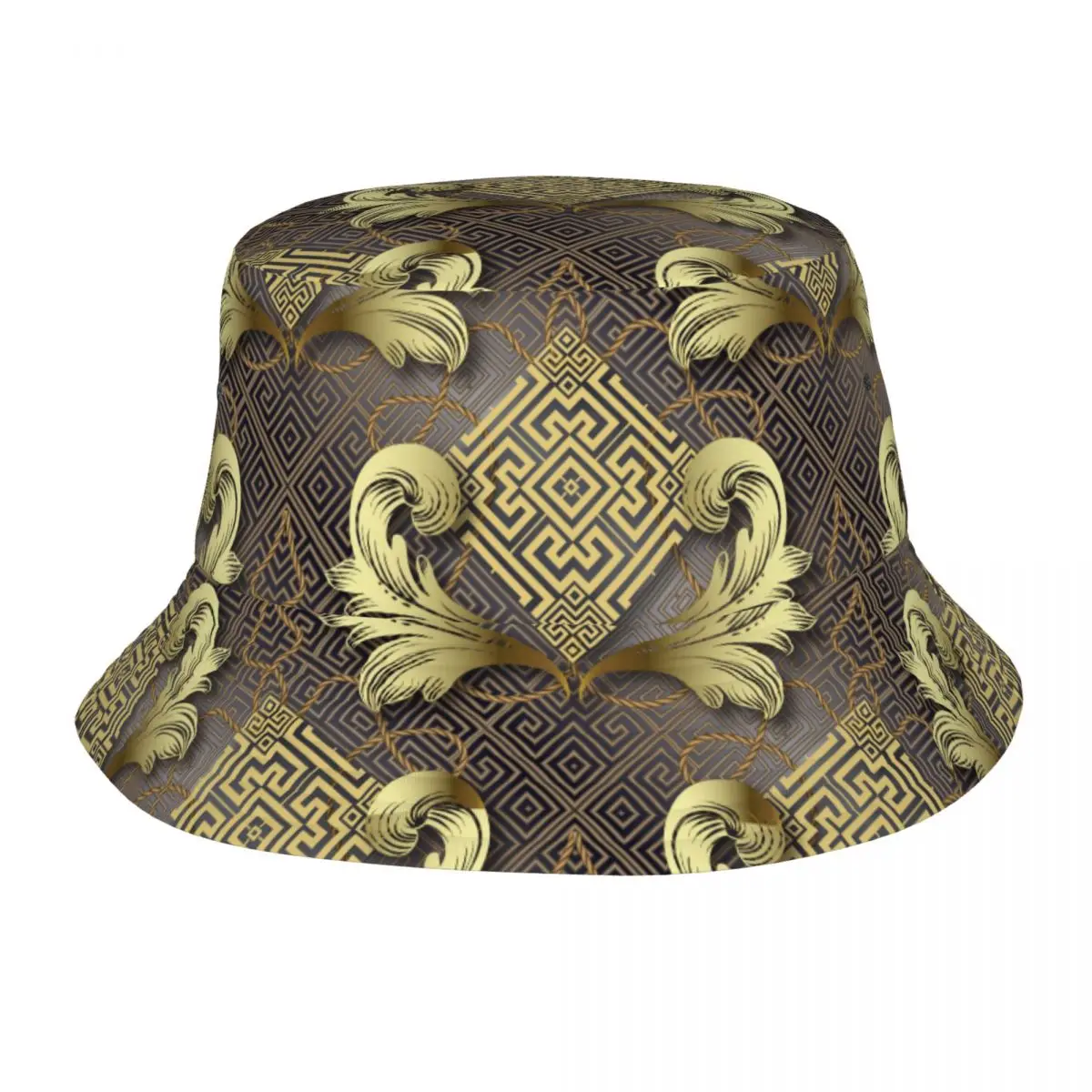 

Travel Headwear 3d Gold Baroque Floral Merchandise Bob Hat Style Unisex Hot Sun Hat Greek Style Meanders Bob Fisherman Caps