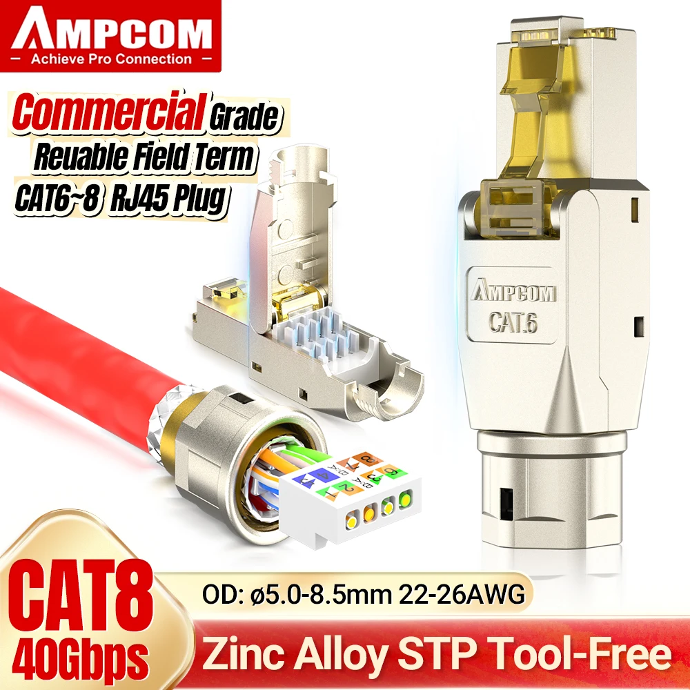 AMPCOM Toolless RJ45 коннектор, CAT8/7A/7/6A/6 инструмент бесплатно многоразовые выходные штекеры экранированный Ethernet поле модульная вилка