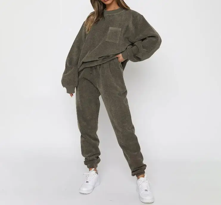 

New Fashion Hot Selling Corduroy Solid Color Sportswear Round Neck Pullover Long Sleeve Thick Warm Top and Pants Two Piece Set