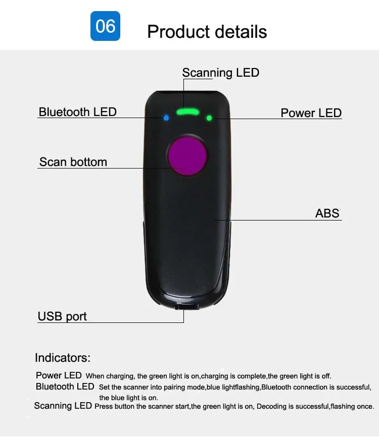 

Карманный Bluetooth сканер штрих-кода 1D 2D, 1D, 2D, USB, Bluetooth, 2,4 ГГц, беспроводной считыватель штрих-кодов, беспроводное расстояние передачи 100 метров