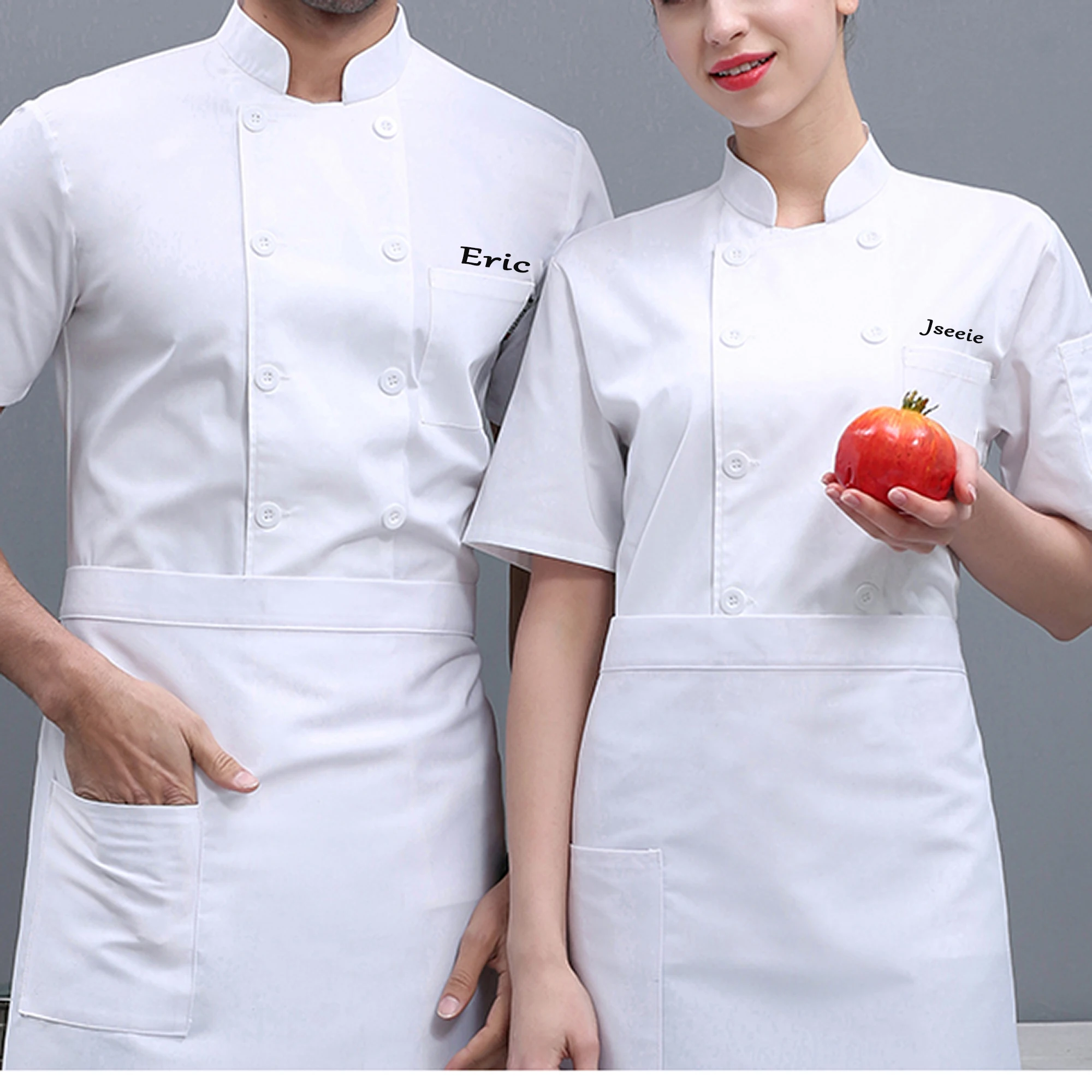 Customizable nameShort Sleeve Chef Jacket Restaurant Kitchen Chef Uniforms Double Breasted Cafe Waiter Food Service Long Jackets