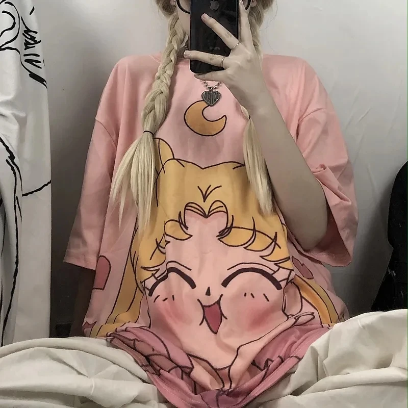 Summer T Shirt Women Korean Oversized Cartoon Anime Sailor Moon Print Tees Harajuku Loose Short Sleeve T-shirts Clothes Female