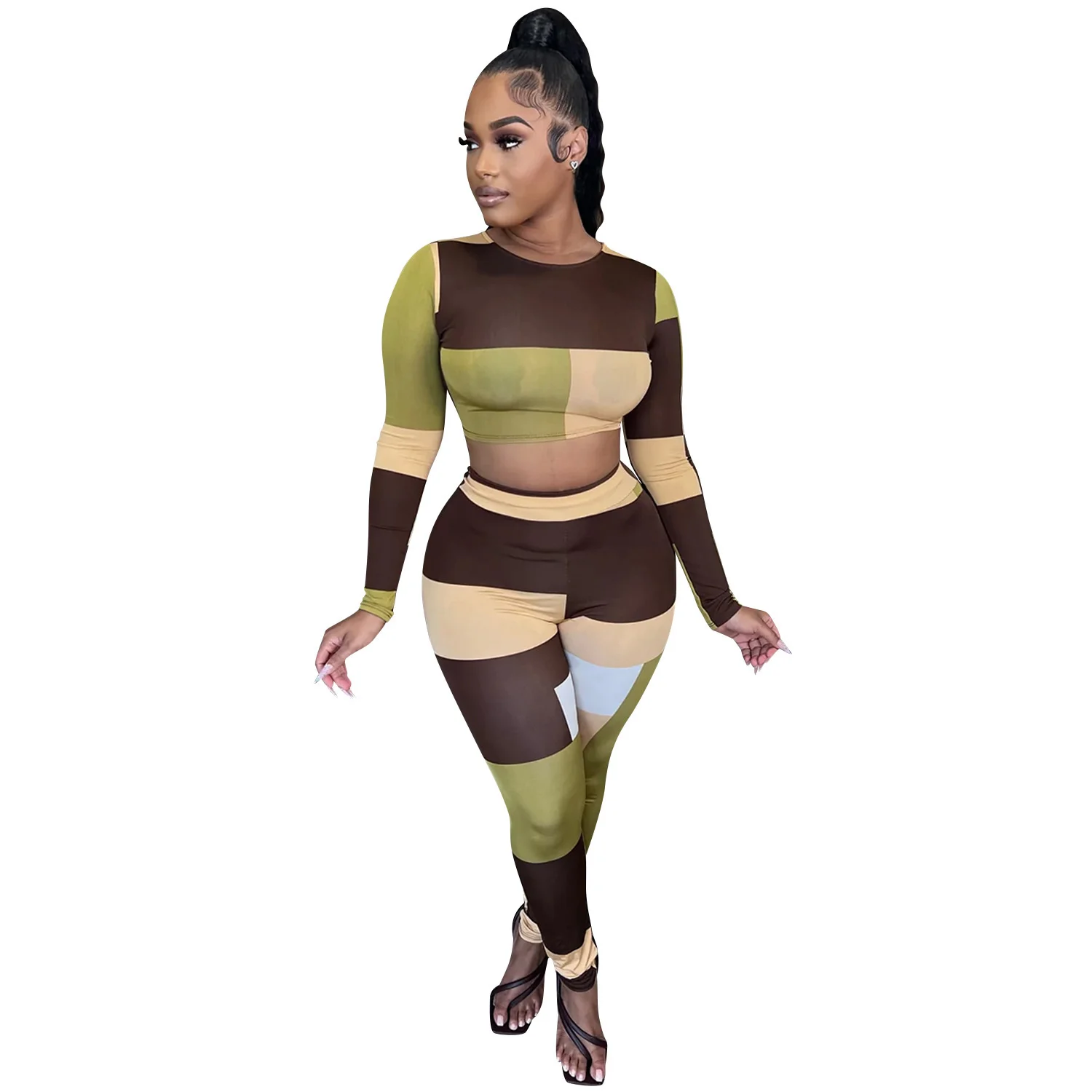 

Женский облегающий комплект из двух предметов: Топ с длинным рукавом и брюки