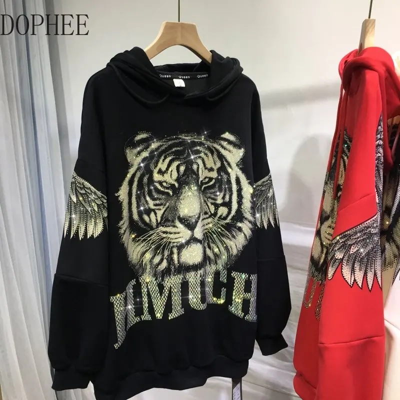

Luxury Domineering Tiger Hot Drilling Hooded Sweatshirt Big Wings Mid-long Oversized Top Autumn Winter Streetwear Hoodies Loose