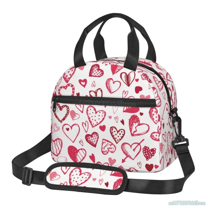 

Love Hearts Pattern Insulated Lunch Bag Leakproof Cooler Thermal Bento Tote Bag Red Love Heart Lunch Box for Work Picnic Beach