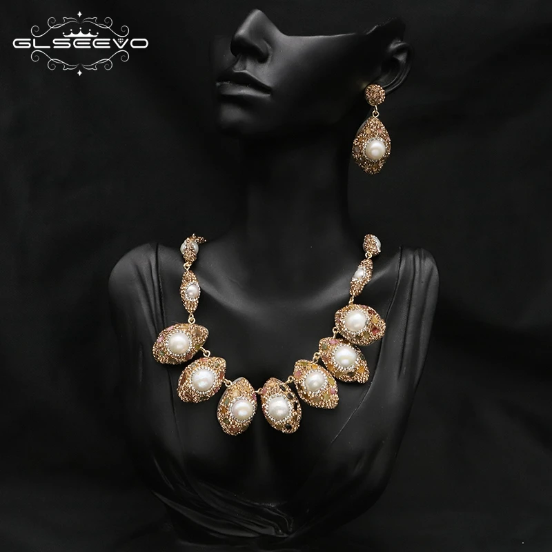 

GLSEEVO Natural Baroque Pearl Shell Women's Necklace Exquisite Exaggerated Inlaid Rhinestone Lady Banquet Prom Dress Jewelry