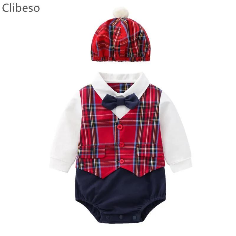 

Children Autumn Bodysuit Baby Boy Cotton Outfit Kids Long Sleeve Plaid Romper Enfant Gentleman Set Newborn Party Baptism Clothes