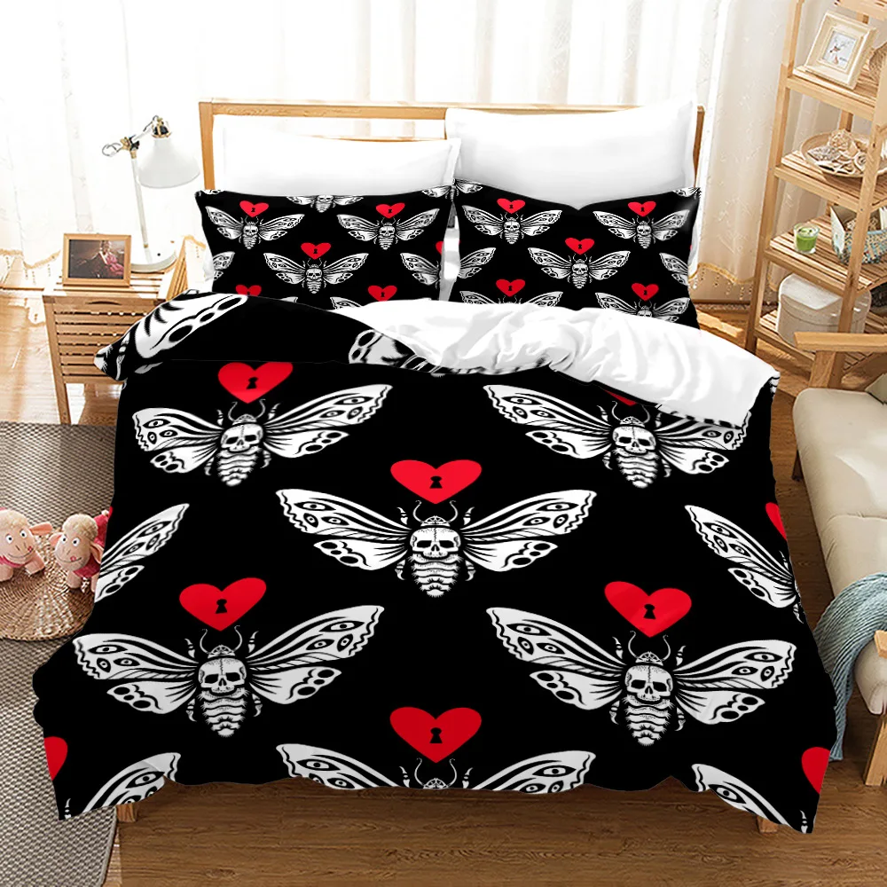 

Death Moth Duvet Cover Set King Queen Size Moon Skull Youth Gothic Print Skeleton Bones Polyester Quilt Cover for Kids Insect
