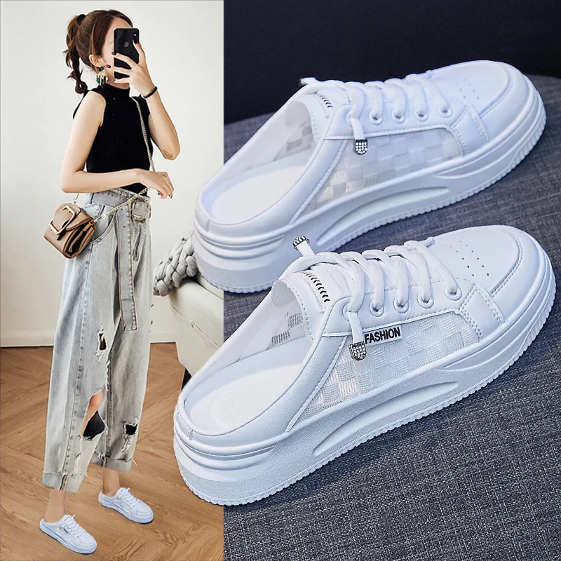 

White Sneakers Women 2022 Summer Mesh Splicing Lace-up Breathable Running Sports Shoes Female Outdoor Casual Vulcanize Tennis