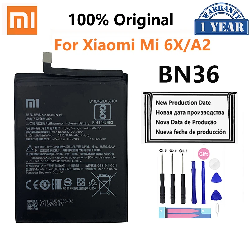 

100% Orginal Xiao mi BN36 3010mAh Battery For Xiaomi 6X A2 Mi6X MiA2 M6X MA2 High Quality Phone Replacement Batteries