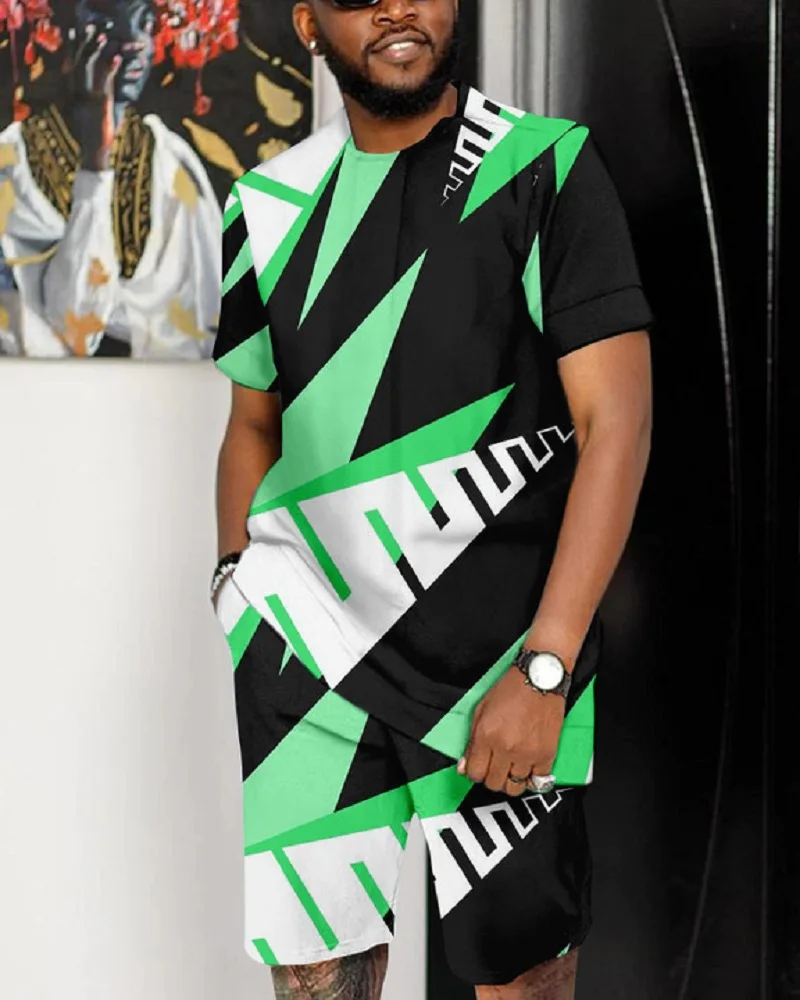 Summer Men T-shirts+Short Pants 2 Piece Sets Geometric Pattern Fashion Beach Tracksuit Short Sleeve Outdoor Casual Man Clothing