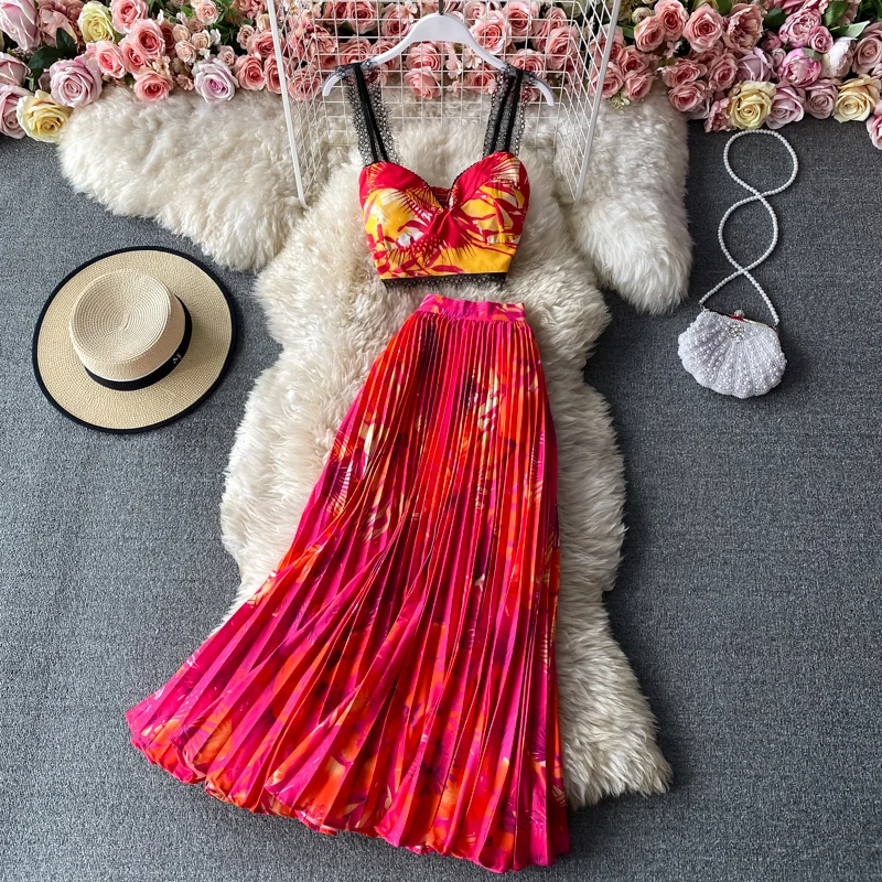 

Seaside Holiday Print Camisole Tube Top Groups Sleeveless Two-piece Elegant Pleated Skirt Swing Long Skirt Short Sets to Dress