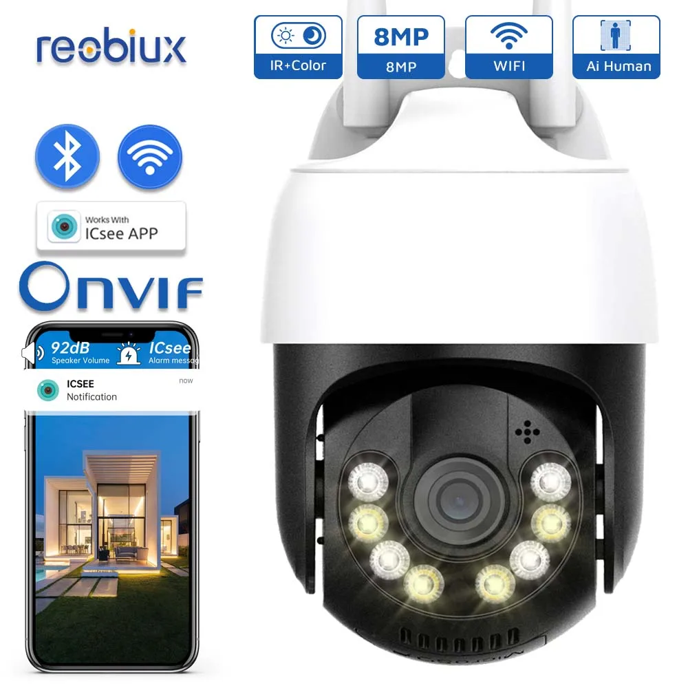 

Reobiux 8MP 4K Wifi IP Camera Outdoor Surveillance 5MP Wireless PTZ Camera Security Camera AI Tracking Video CCTV For ICsee