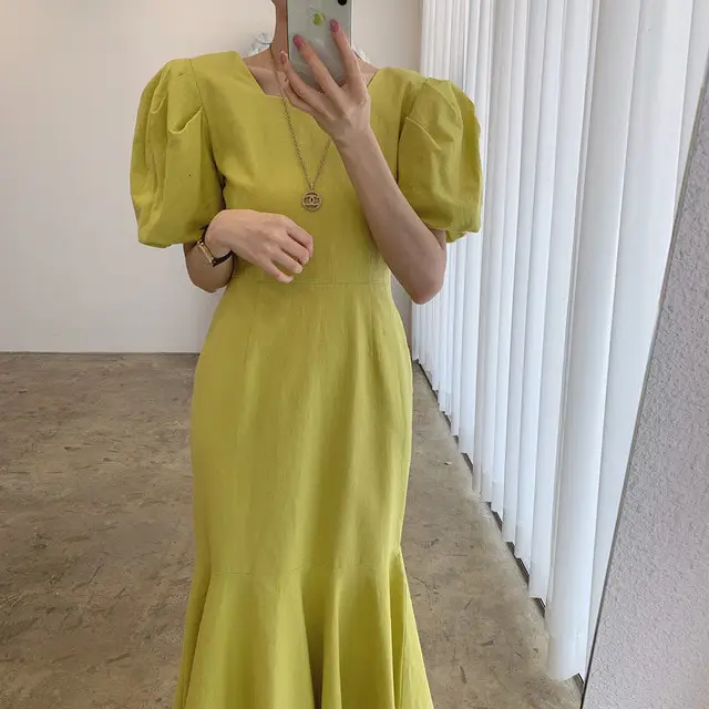 

Женское длинное платье с квадратным вырезом, корейское платье с коротким рукавом и открытой спиной, Бандажное платье-годе, лето