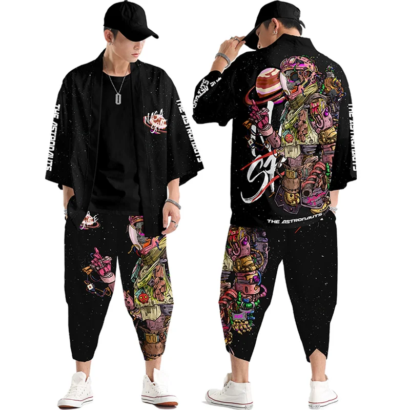 

Two-piece Suit Space Astronaut Printing Japanese Style Fashion Kimono and Pants Set Men Cardigan Blouse Haori Obi Asian Clothes