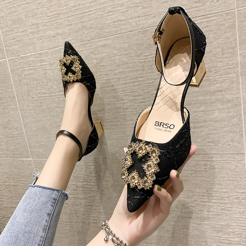 

Mid Heeled Sandals Women 2022 New Diamond Sandals Pointed Thin Heeled Baotou Sandals Banquet High Heeled Shoes Womens Shoes