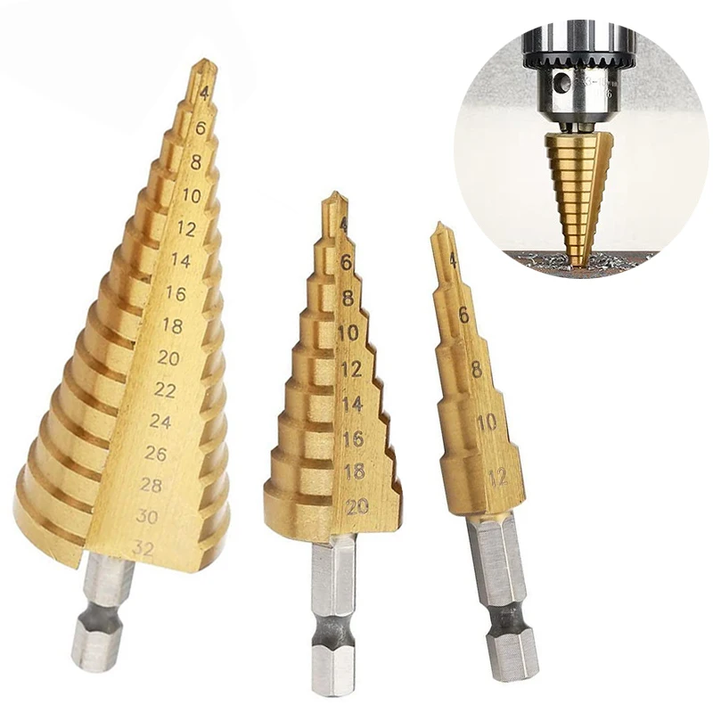 

Set 4-20mm 4-12mm Bit Straight Coated Drill Cutter Tool Hole Titanium Metal HSS Step Drilling Wood Power Core Groove Hex 4-32mm