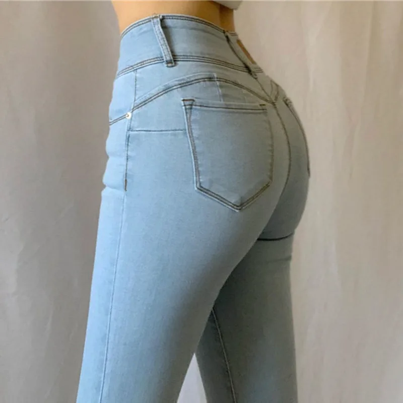 Streetwear Korean Fashion Sexy Stretch Slim Jeans Push Up Hips Elastic High Waist Blue Denim Pants Casual Trousers Summer Women