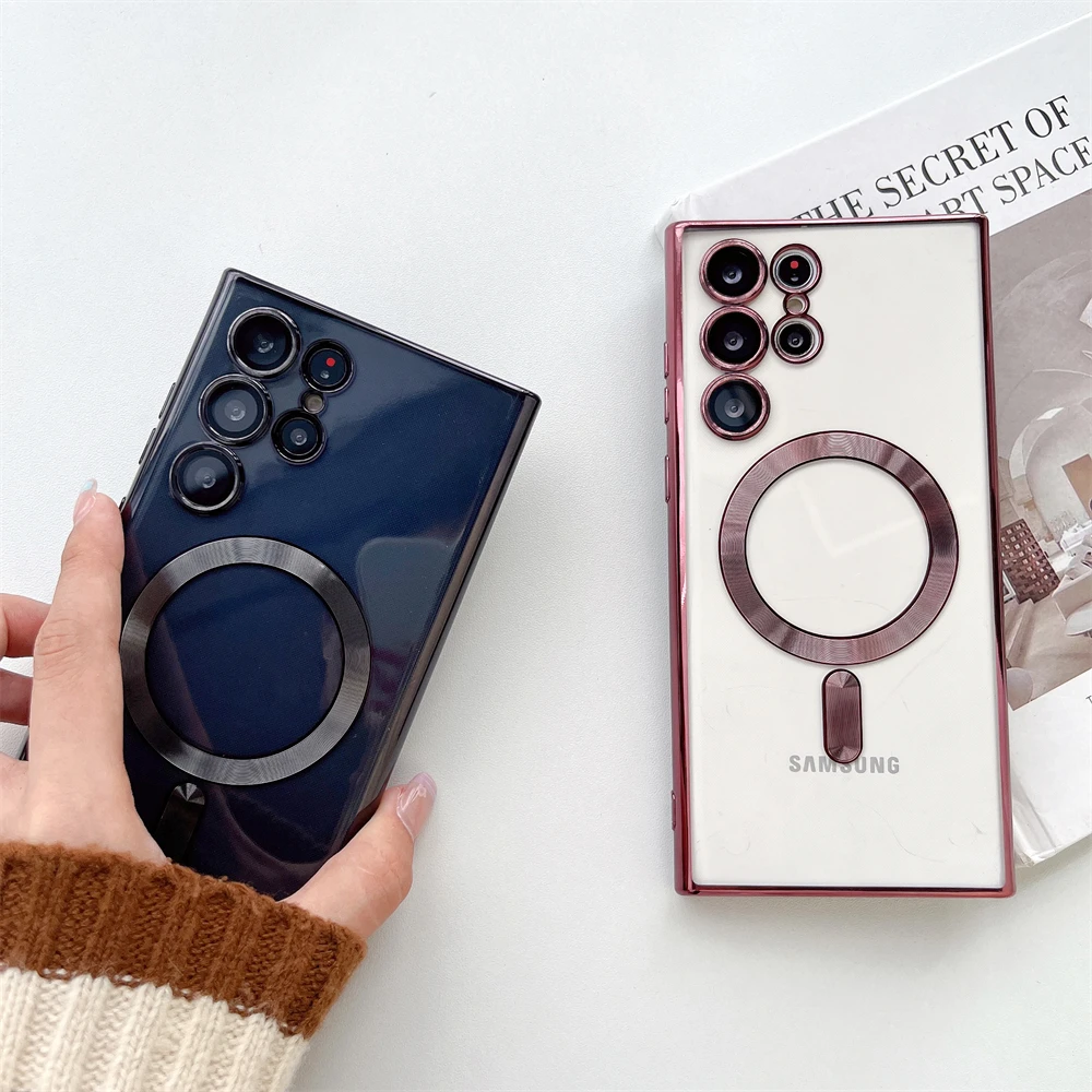 

Противоударный мягкий прозрачный чехол с покрытием для телефона Samsung S22 S23 Ultra S21 Plus, Магнитный чехол для беспроводной зарядки Magsafe