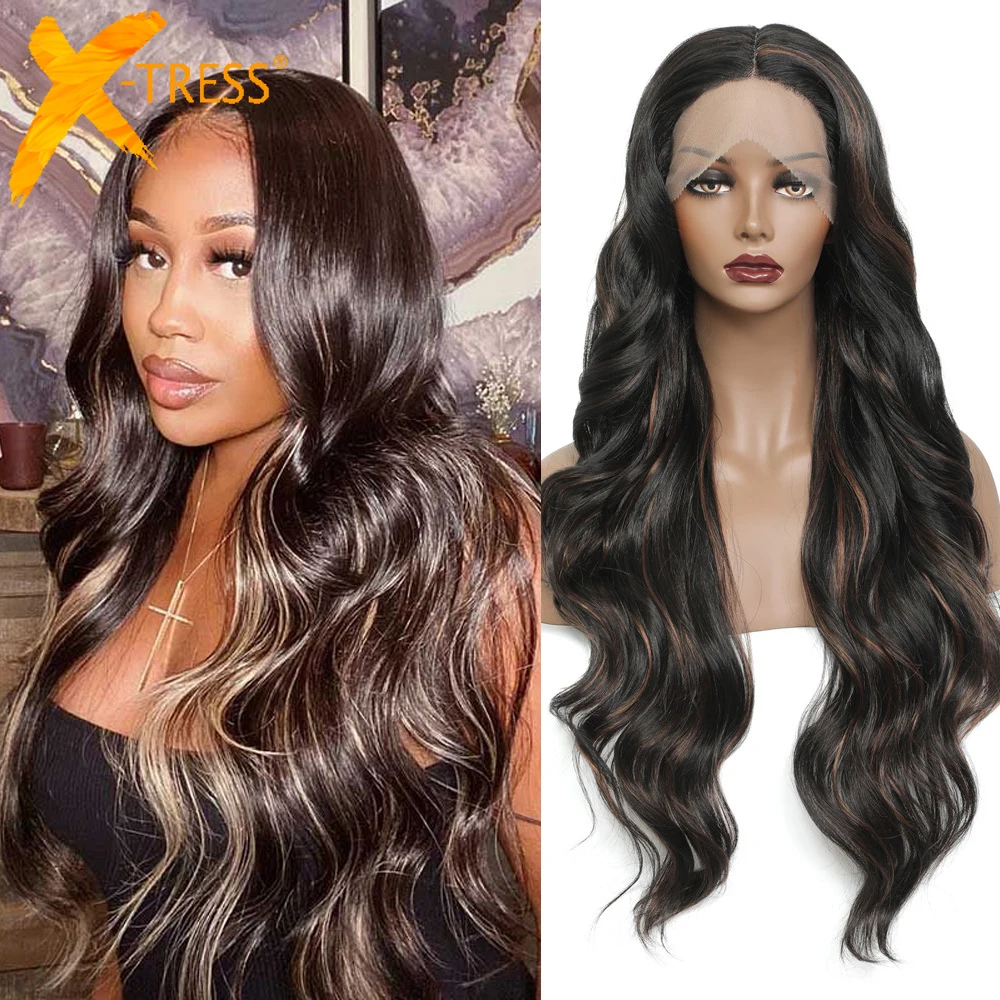 

X-TRESS Highlight Brown Piano Color Synthetic Lace Front Wig For Black Women Long Wavy Transparent Lace Wigs Heat Resistant
