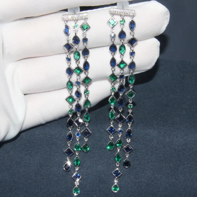 

SLJELY High Quality 925 Sterling Silver Luxury Jewelry Multicolor Blue Green Cubic Zirconia Tassel Long Drop Earrings for Women