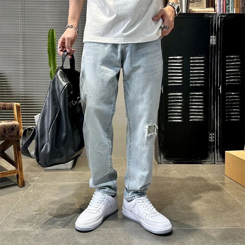 Street Fashion Men Jeans Loose Fit Retro Light Blue Hole Ripped Jeans Men Wide Leg Harem Trousers Designer Hip Hop Pants Hombre
