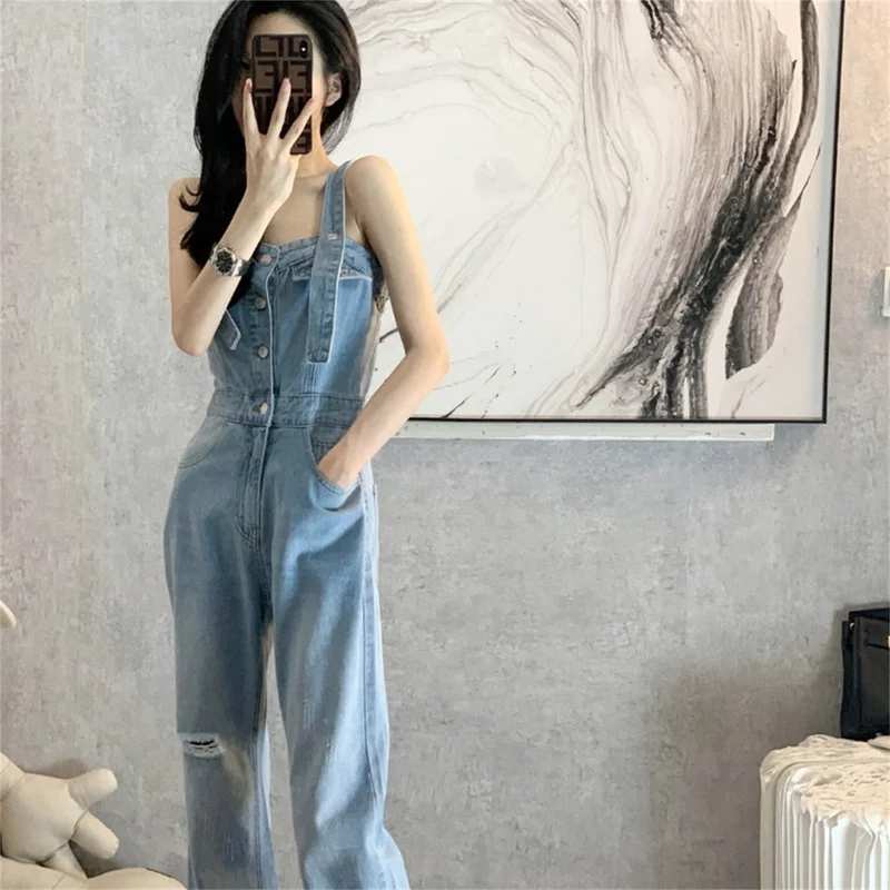 Jumpsuits Solid Denim High Waist Basic 