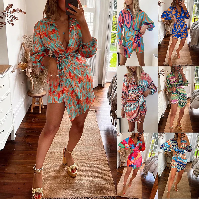 

Spring/Summer 2023 New Women's Fashion Commuter V-Neck Print High Waist Lace up Dress