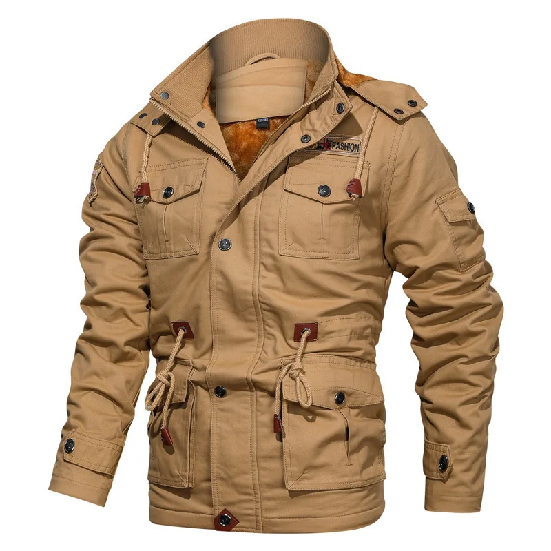 

Мужская зимняя куртка с капюшоном, плотная Теплая мужская парка, флисовая Повседневная тактическая армейская куртка с несколькими кармана...
