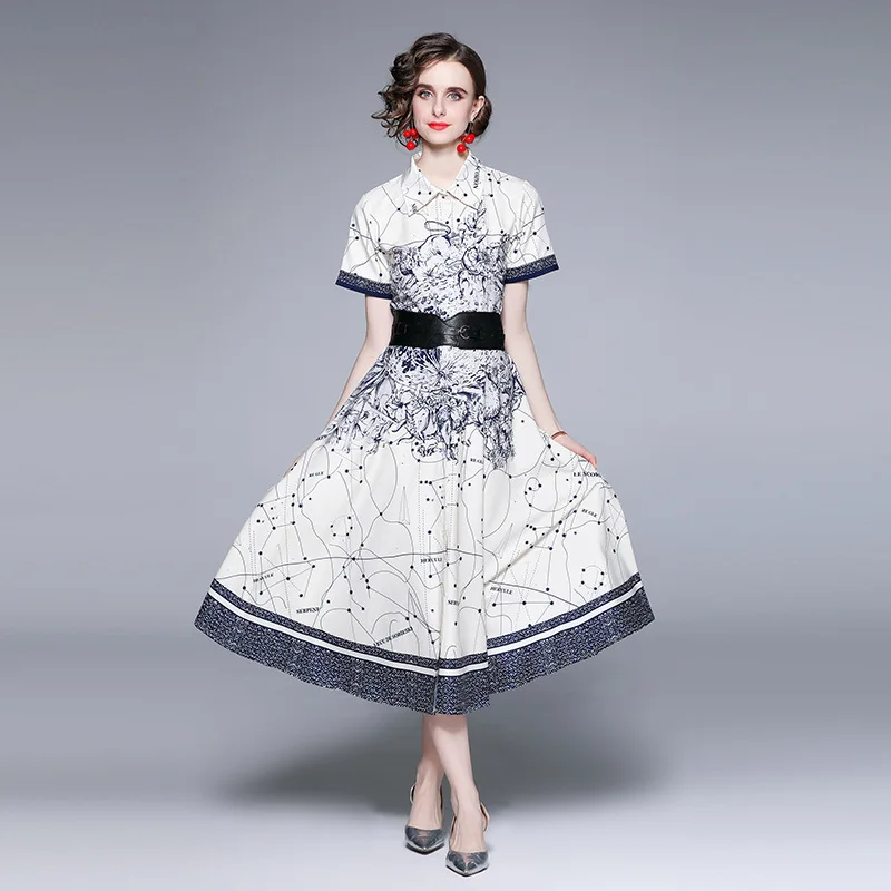 

High Quality Women's Dress Short Sleeve Printed Waistband Button Up Cardigan Shirt Commuting White Temperament Skirt