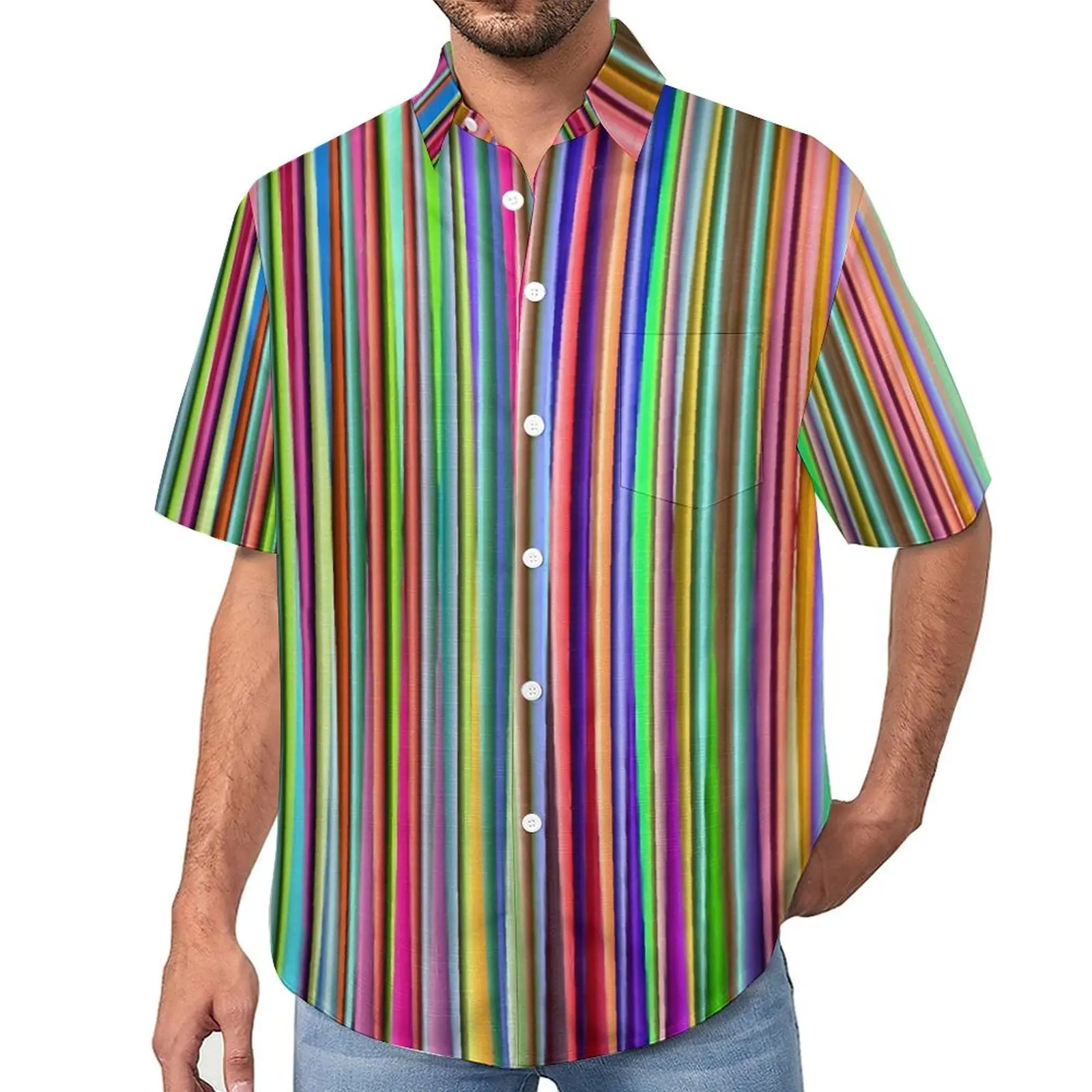 

Abstract Rainbow Striped Beach Shirt Colorful Print Hawaiian Casual Shirts Men Trendy Blouses Short-Sleeve Design Tops Plus Size