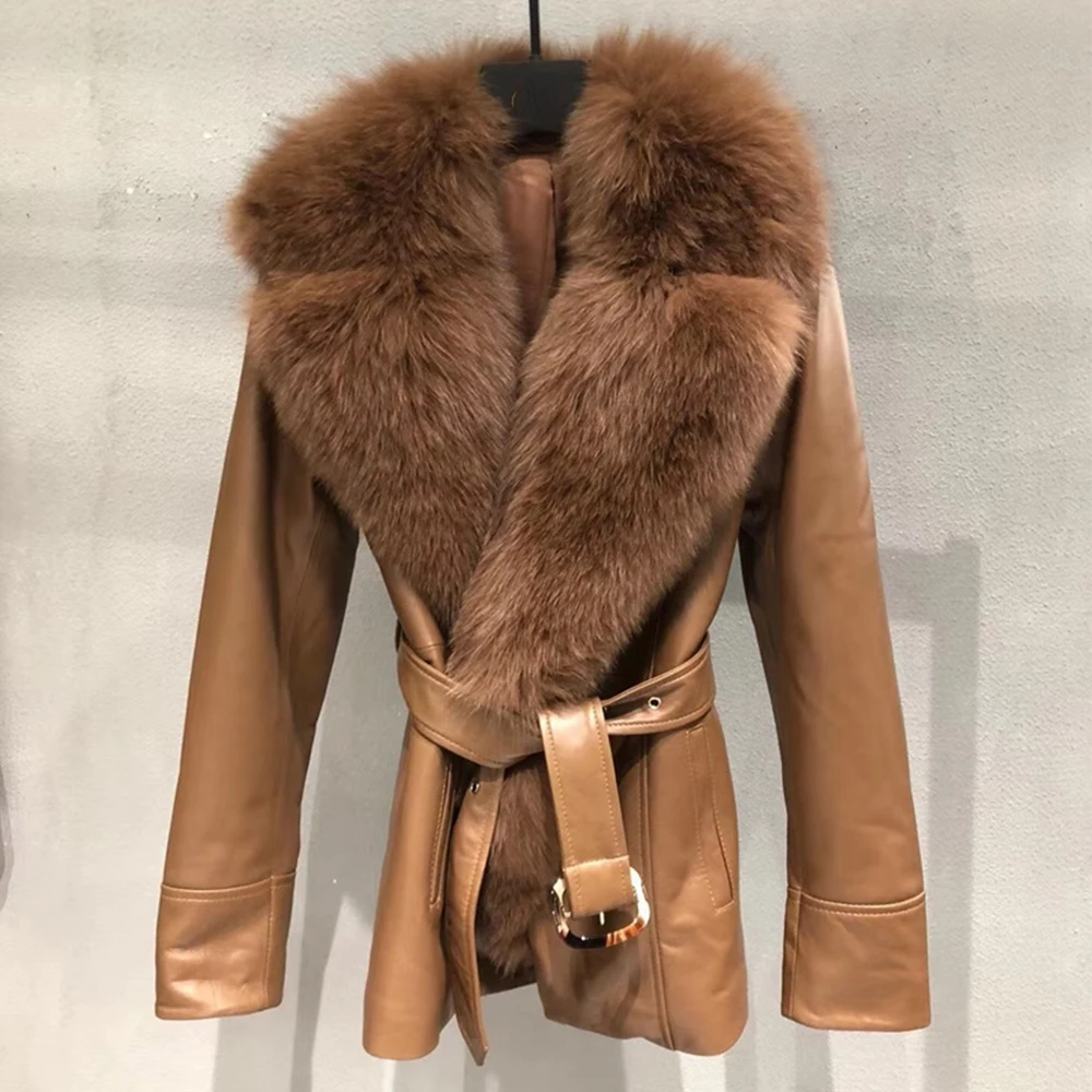 Winter Jacket Women Real Fur Coat Genuine Sheepskin Leather Fur Jacket Big Fox Fur Collar Luxury Overcoat Belt Fashion enlarge