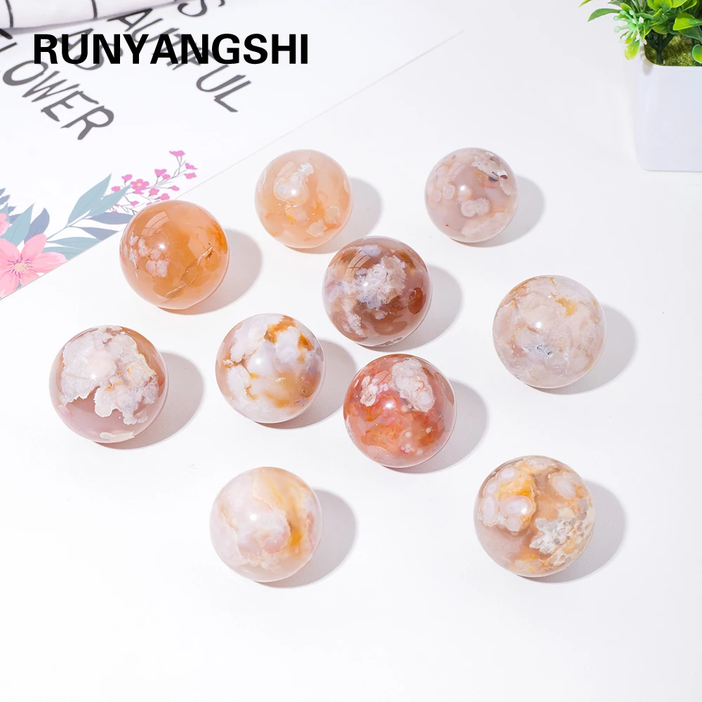 

2-3cm Crystal Ball Decorative Energy Quartz Ornament Natural Flower Agate Sphere Energy Guardian Gift With Wood Base