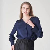 new 2022 spring 19mm real silk blouse women natural fiber high quality full sleeve v neck navy shirt office lady summer