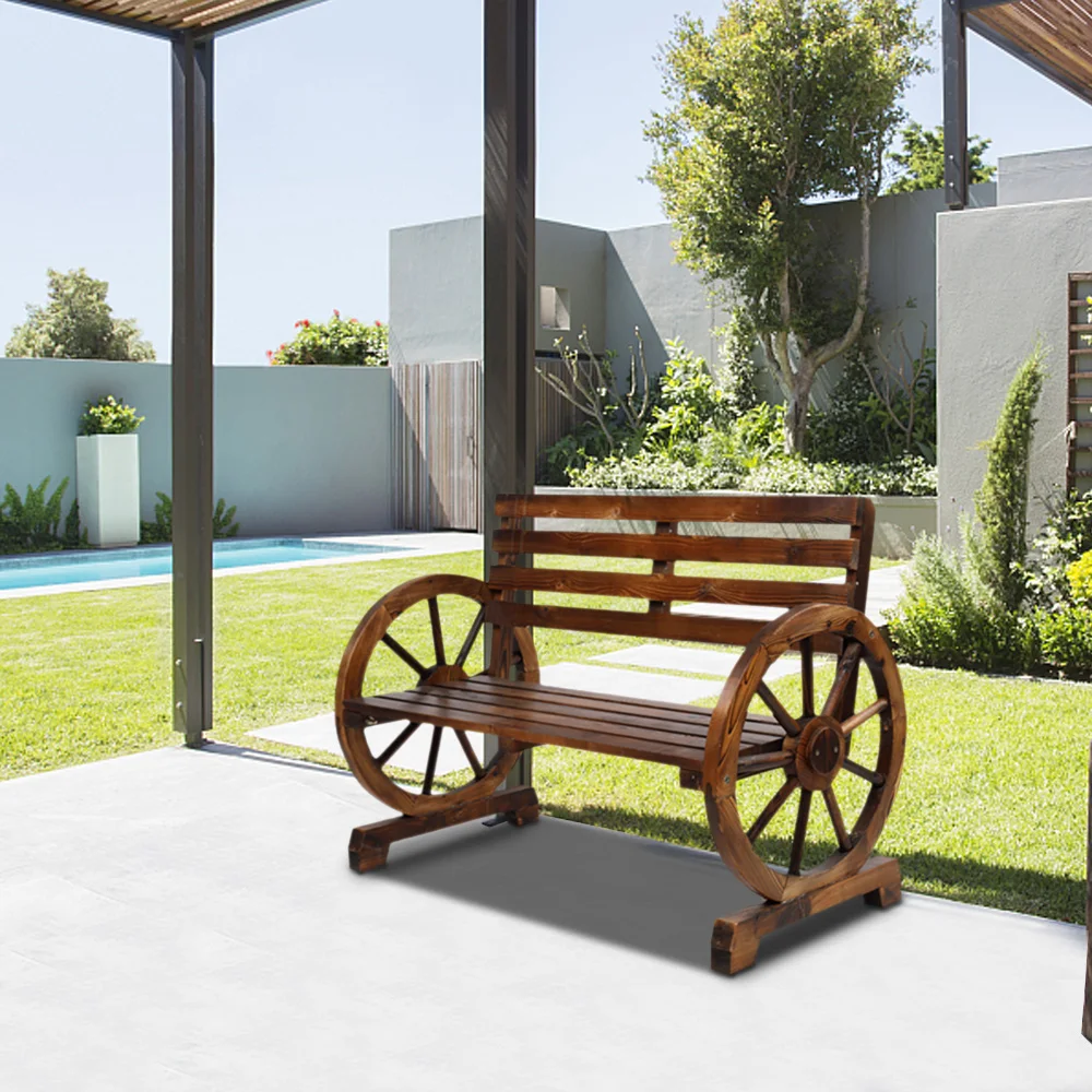 2-Person Wooden Wagon Wheel Bench for Backyard, Patio, Porch, Garden, Outdoor Lounge Furniture Rustic Country Design