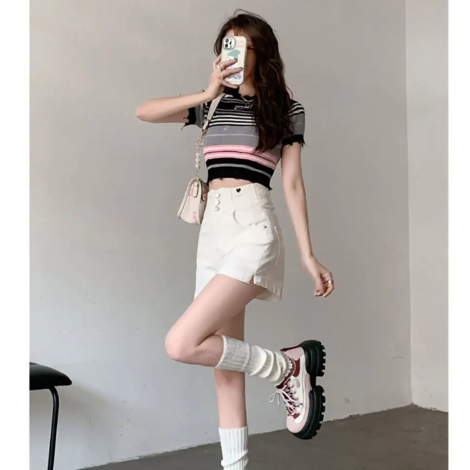 Women Wide Leg Shorts Denim Button-fly High Waist Harajuku BF Loose Korean Style Students Leisure Streetwear Summer Hot Trousers