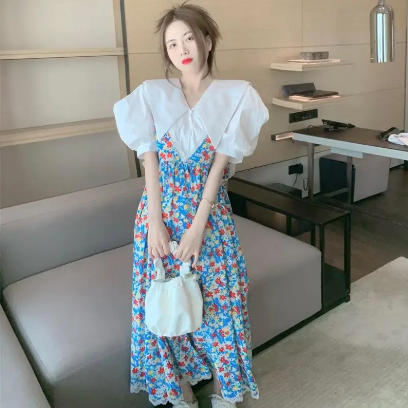 

2022 Women's Summer New Fashion 2 Piece Sets Female Short Sleeve Solid Shirts and Loose V-neck Floral Dress Ladies Suits N37