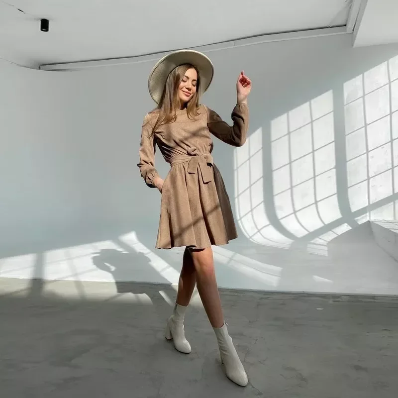 

2023New Vintage Sashes Corduroy A-line Mini Dress Long Sleeve O neck Khaki Color Elegant Casual Party Dress 2021 Winter New Dres